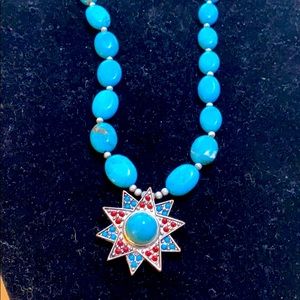 VINTAGE AAA turquoise & red coral pendant on robins egg blue turquoise necklace